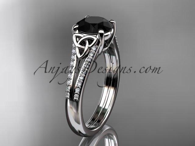 platinum celtic trinity knot engagement ring ,diamond wedding ring with a Black Diamond center stone CT7108 - AnjaysDesigns