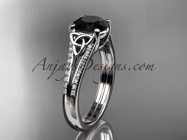 14kt white gold celtic trinity knot engagement ring ,diamond wedding ring with a Black Diamond center stone CT7108 - AnjaysDesigns