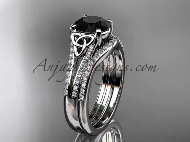 14kt white gold celtic trinity knot engagement ring ,diamond wedding ring, engagment set with a Black Diamond center stone CT7108S - AnjaysDesigns