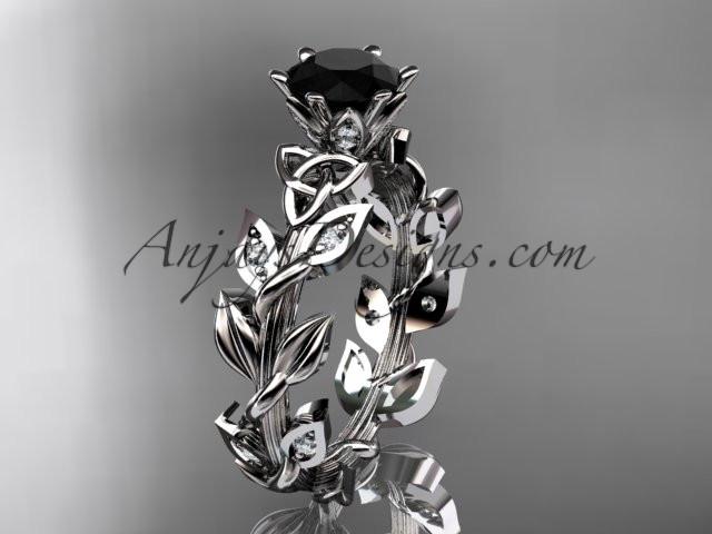 14kt white gold diamond celtic trinity knot wedding ring, bridal ring with a Black Diamond center stone CT7124 - AnjaysDesigns