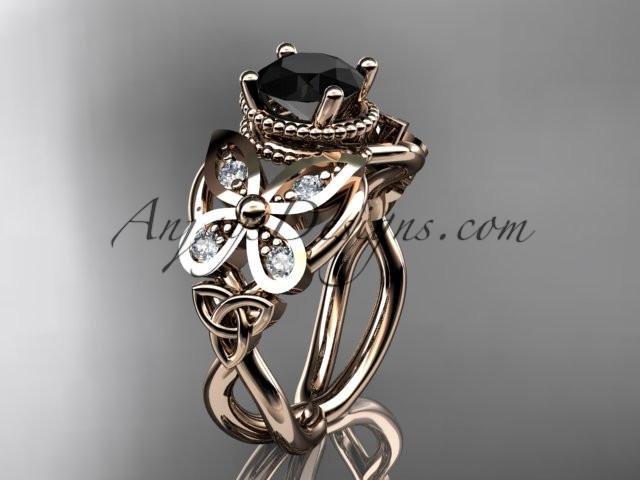 14kt rose gold diamond celtic trinity knot wedding ring,butterfly engagement ring with a Black Diamond center stone CT7136 - AnjaysDesigns