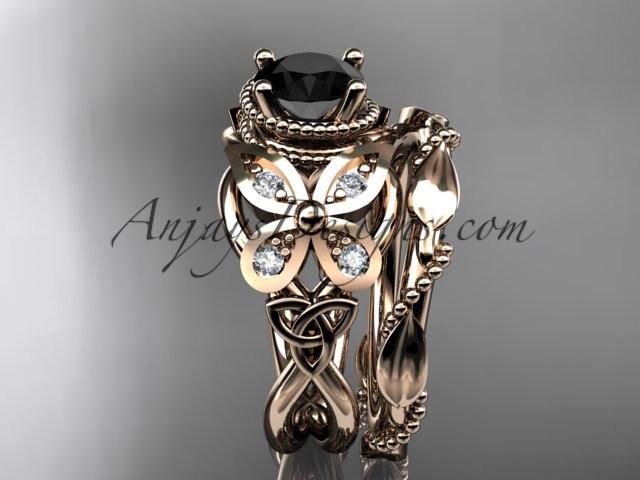 14kt rose gold diamond celtic trinity knot wedding ring, butterfly engagement set with a Black Diamond center stone CT7136S - AnjaysDesigns