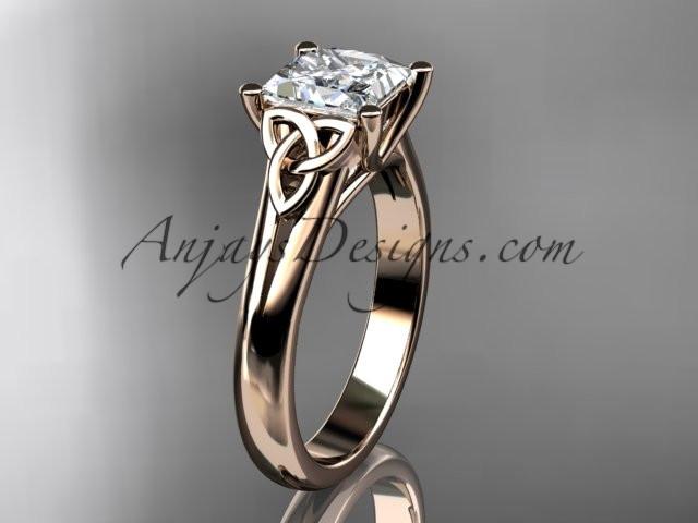 14kt rose gold celtic trinity knot wedding ring, engagement ring with a Princess cut "Forever One" Moissanite center stone CT7143 - AnjaysDesigns