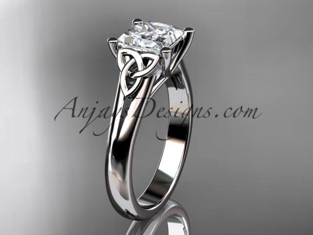14kt white gold celtic trinity knot wedding ring, engagement ring with a Princess cut "Forever One" Moissanite center stone CT7143 - AnjaysDesigns