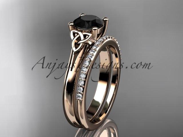 14kt rose gold diamond celtic trinity knot wedding ring, engagement set with a Black Diamond center stone CT7154S - AnjaysDesigns