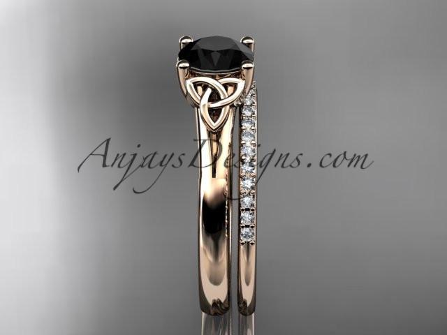 14kt rose gold diamond celtic trinity knot wedding ring, engagement set with a Black Diamond center stone CT7154S - AnjaysDesigns