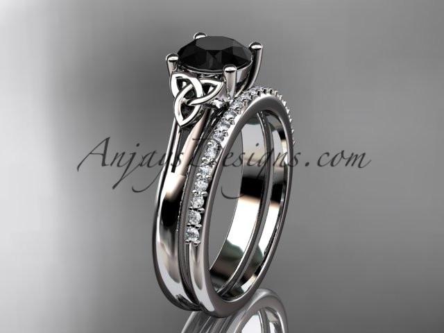 14kt white gold diamond celtic trinity knot wedding ring, engagement set with a Black Diamond center stone CT7154S - AnjaysDesigns
