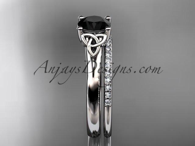 14kt white gold diamond celtic trinity knot wedding ring, engagement set with a Black Diamond center stone CT7154S - AnjaysDesigns