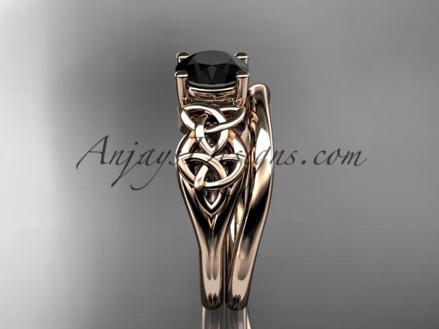 14kt rose gold celtic trinity knot wedding ring, engagement set with a Black Diamond center stone CT7169S - AnjaysDesigns