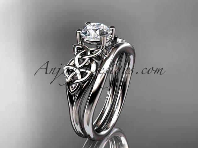 14kt white gold celtic trinity knot wedding ring, engagement set with a "Forever One" Moissanite center stone CT7169S - AnjaysDesigns