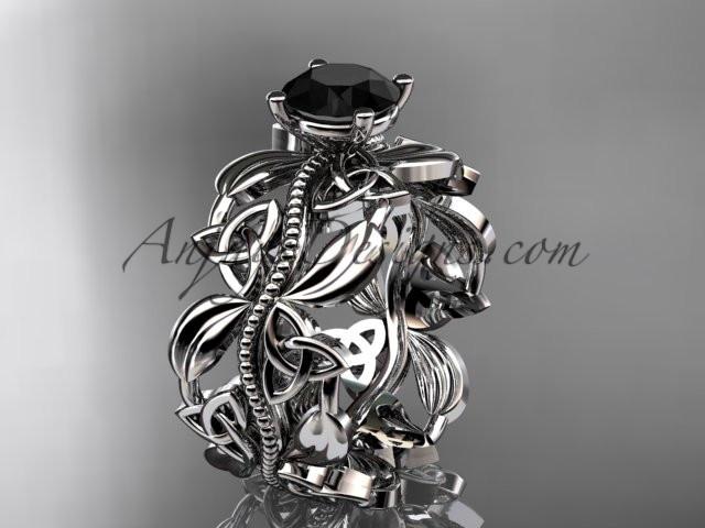 14kt white gold celtic trinity knot wedding ring, engagement ring with a Black Diamond center stone CT7188 - AnjaysDesigns