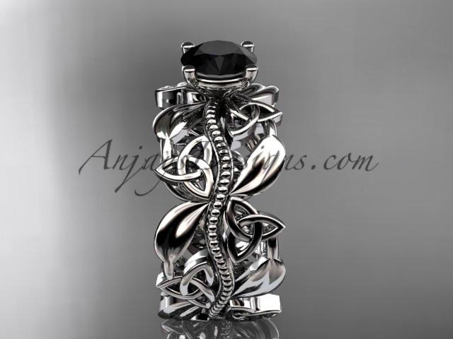 14kt white gold celtic trinity knot wedding ring, engagement ring with a Black Diamond center stone CT7188 - AnjaysDesigns