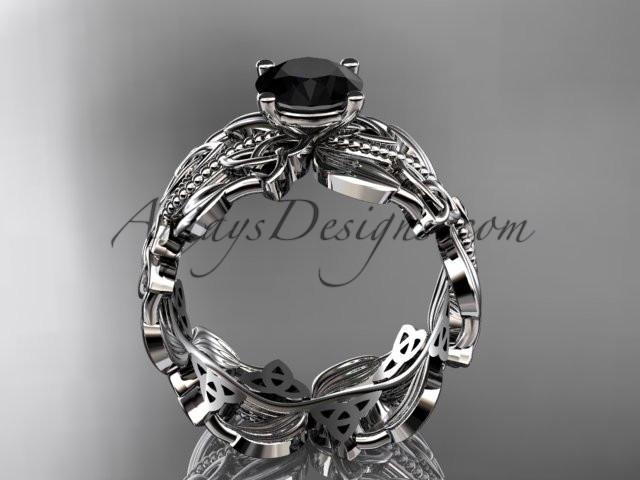 14kt white gold celtic trinity knot wedding ring, engagement ring with a Black Diamond center stone CT7188 - AnjaysDesigns