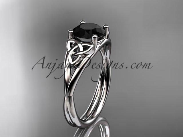 14kt white gold celtic trinity knot wedding ring, engagement ring with a Black Diamond center stone CT7189 - AnjaysDesigns