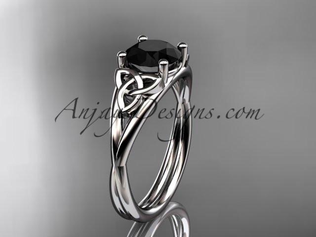 platinum celtic trinity knot wedding ring, engagement ring with a Black Diamond center stone CT7189 - AnjaysDesigns
