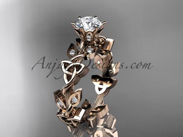 14kt rose gold diamond celtic trinity knot wedding ring, engagement ring with a "Forever One" Moissanite center stone CT7209 - AnjaysDesigns