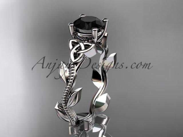 14kt white gold celtic trinity knot wedding ring, engagement ring with a Black Diamond center stone CT7238 - AnjaysDesigns
