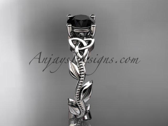 14kt white gold celtic trinity knot wedding ring, engagement ring with a Black Diamond center stone CT7238 - AnjaysDesigns