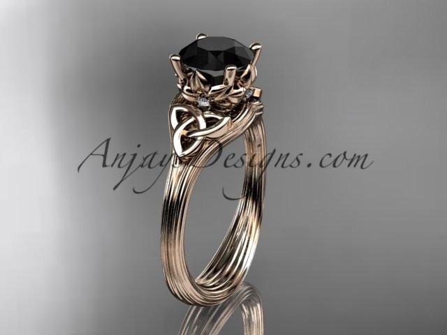 14kt rose gold diamond celtic trinity knot wedding ring, engagement ring with a Black Diamond center stone CT7240 - AnjaysDesigns