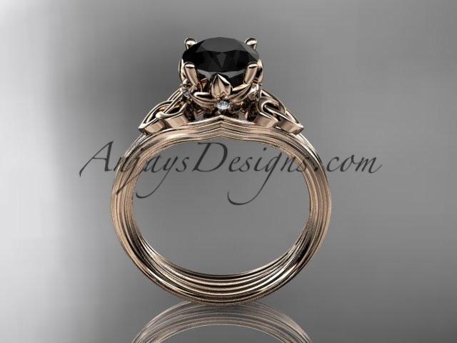 14kt rose gold diamond celtic trinity knot wedding ring, engagement ring with a Black Diamond center stone CT7240 - AnjaysDesigns