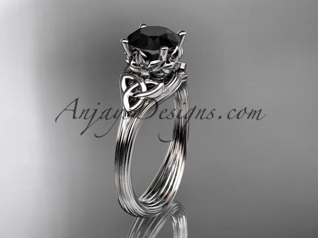 14kt white gold diamond celtic trinity knot wedding ring, engagement ring with a Black Diamond center stone CT7240 - AnjaysDesigns