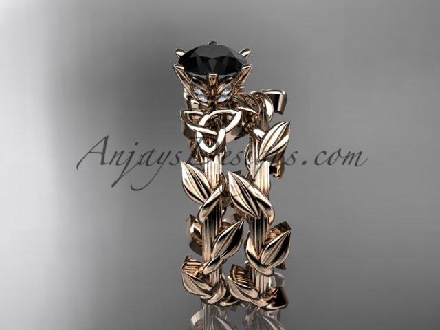 14kt rose gold diamond celtic trinity knot wedding ring, engagement ring with a Black Diamond center stone CT7248S - AnjaysDesigns