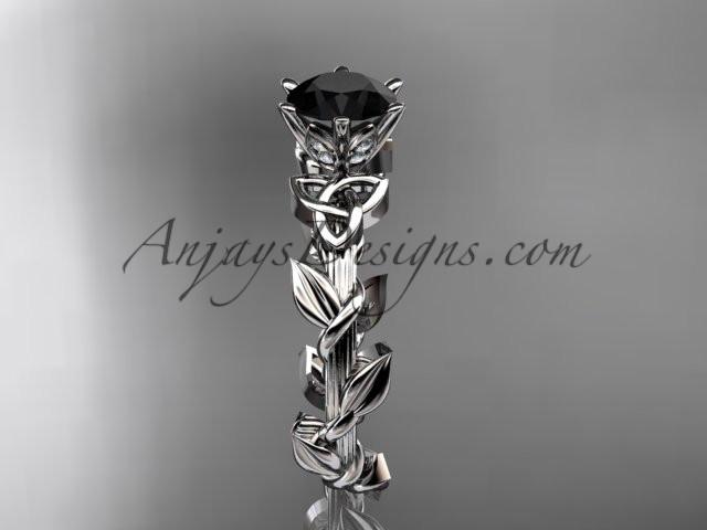 14kt white gold diamond celtic trinity knot wedding ring, engagement ring with a Black Diamond center stone CT7248 - AnjaysDesigns
