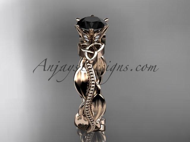 14kt rose gold diamond celtic trinity knot wedding ring, engagement ring with a Black Diamond center stone CT7258 - AnjaysDesigns