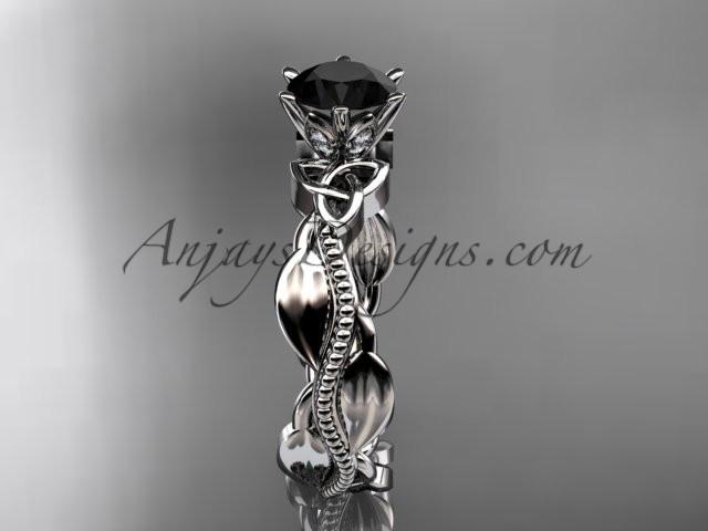 14kt white gold diamond celtic trinity knot wedding ring, engagement ring with a Black Diamond center stone CT7258 - AnjaysDesigns