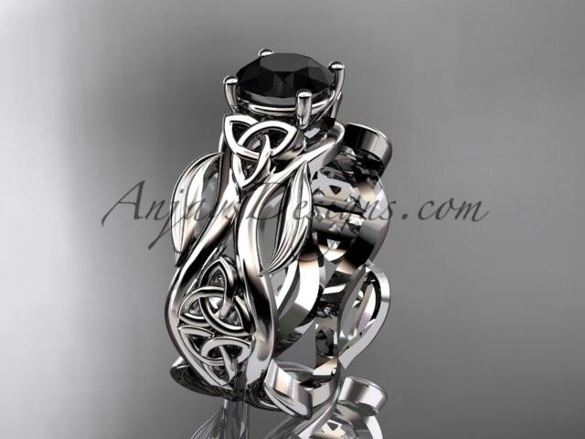 14kt white gold celtic trinity knot wedding ring, engagement ring with a Black Diamond center stone CT7264 - AnjaysDesigns