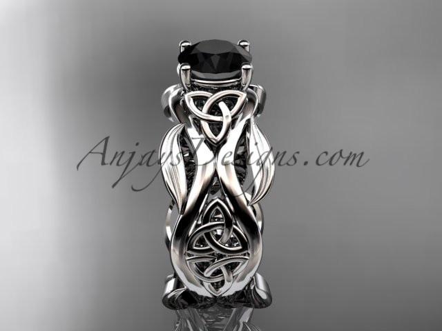 14kt white gold celtic trinity knot wedding ring, engagement ring with a Black Diamond center stone CT7264 - AnjaysDesigns
