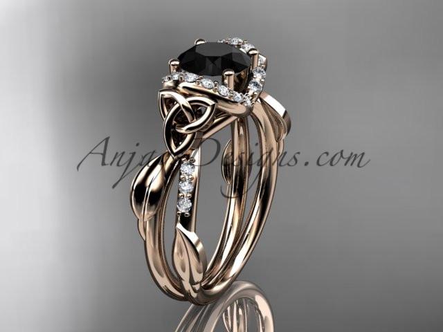 14kt rose gold diamond celtic trinity knot wedding ring, engagement ring with a Black Diamond center stone CT7274 - AnjaysDesigns