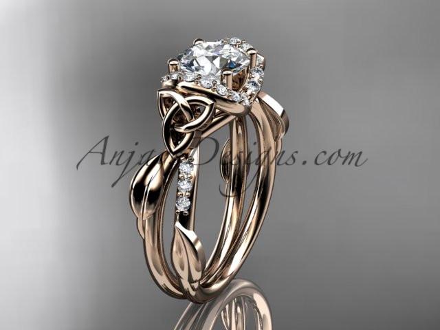 14kt rose gold diamond celtic trinity knot wedding ring, engagement ring with a "Forever One" Moissanite center stone CT7274 - AnjaysDesigns