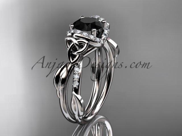 14kt white gold diamond celtic trinity knot wedding ring, engagement ring with a Black Diamond center stone CT7274 - AnjaysDesigns