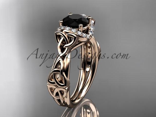 14kt rose gold diamond celtic trinity knot wedding ring, engagement ring with a Black Diamond center stone CT7289 - AnjaysDesigns
