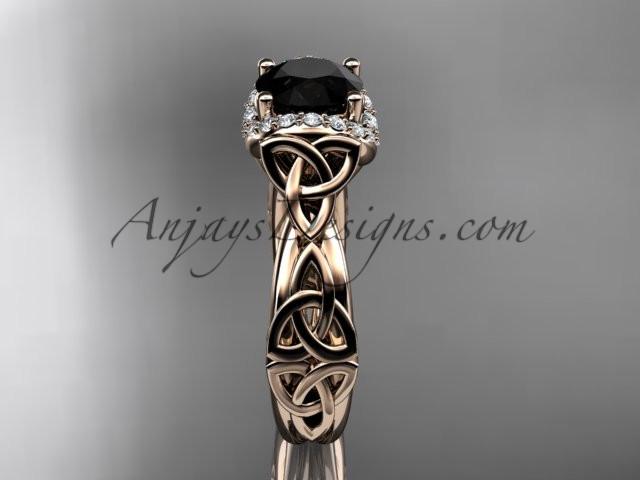 14kt rose gold diamond celtic trinity knot wedding ring, engagement ring with a Black Diamond center stone CT7289 - AnjaysDesigns