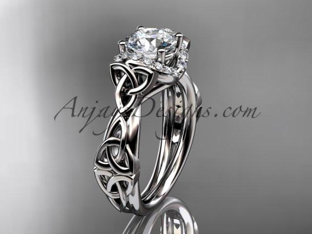 14kt white gold diamond celtic trinity knot wedding ring, engagement ring with a "Forever One" Moissanite center stone CT7289 - AnjaysDesigns