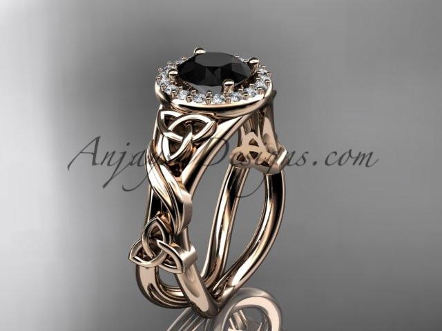 14kt rose gold diamond celtic trinity knot wedding ring, engagement ring with a Black Diamond center stone CT7302 - AnjaysDesigns