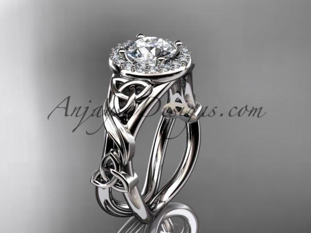 14kt white gold diamond celtic trinity knot wedding ring, engagement ring with a "Forever One" Moissanite center stone CT7302 - AnjaysDesigns