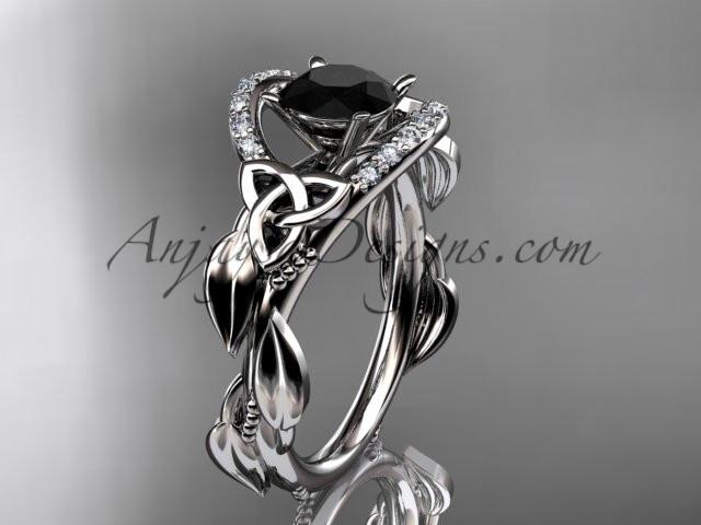 14kt white gold diamond celtic trinity knot wedding ring, engagement ring with a Black Diamond center stone CT7326 - AnjaysDesigns