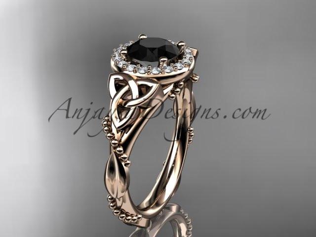 14kt rose gold diamond celtic trinity knot wedding ring, engagement ring with a Black Diamond center stone CT7328 - AnjaysDesigns