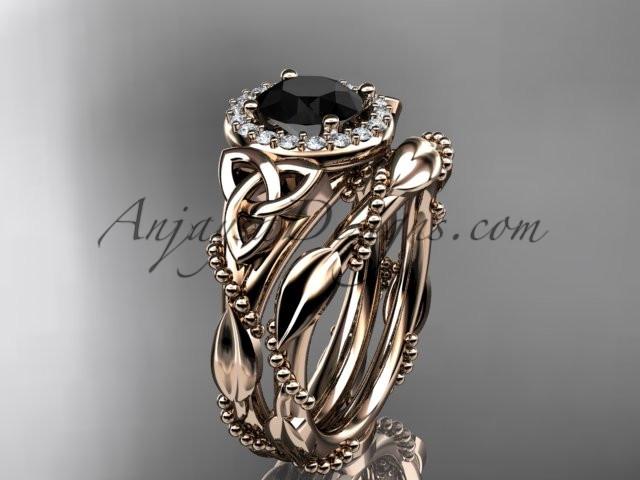 14kt rose gold diamond celtic trinity knot wedding ring, engagement set with a Black Diamond center stone CT7328S - AnjaysDesigns