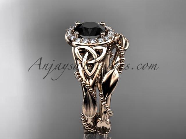 14kt rose gold diamond celtic trinity knot wedding ring, engagement set with a Black Diamond center stone CT7328S - AnjaysDesigns