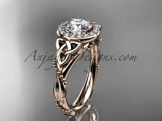 14kt rose gold diamond celtic trinity knot wedding ring, engagement ring with a "Forever One" Moissanite center stone CT7328 - AnjaysDesigns