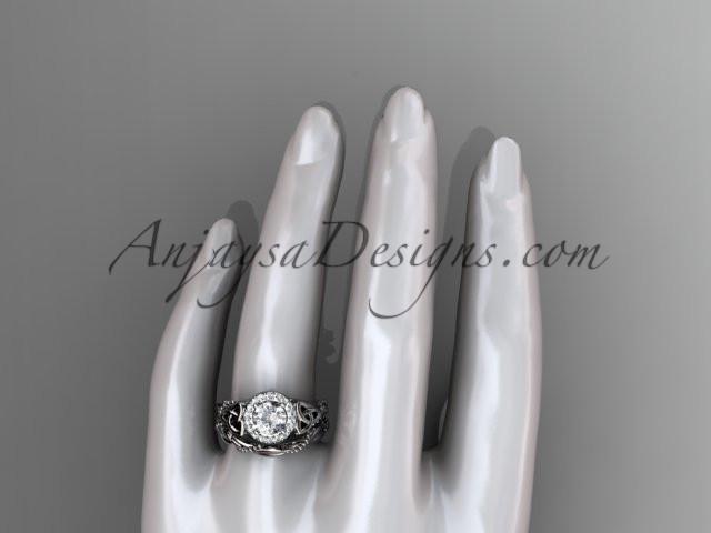 14kt white gold diamond celtic trinity knot wedding ring, engagement set with a "Forever One" Moissanite center stone CT7328S - AnjaysDesigns