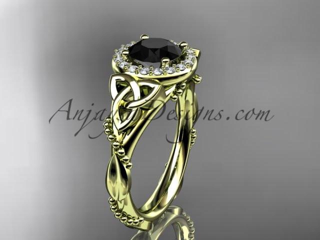 14kt yellow gold diamond celtic trinity knot wedding ring, engagement ring with a Black Diamond center stone CT7328 - AnjaysDesigns