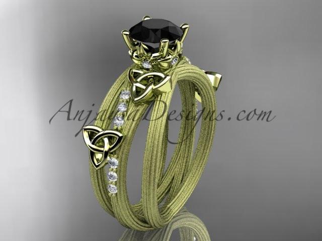 14kt yellow gold diamond celtic trinity knot wedding ring, engagement ring with a Black Diamond center stone CT7329 - AnjaysDesigns