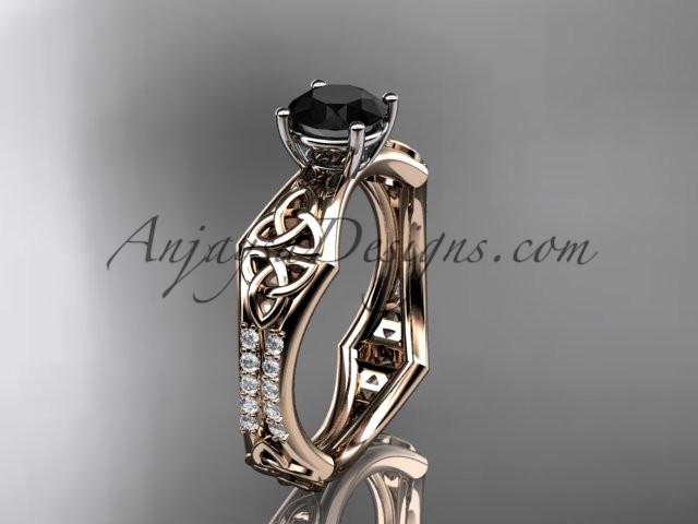 14kt rose gold diamond celtic trinity ring, triquetra ring, engagement ring with a Black Diamond center stone CT7353 - AnjaysDesigns