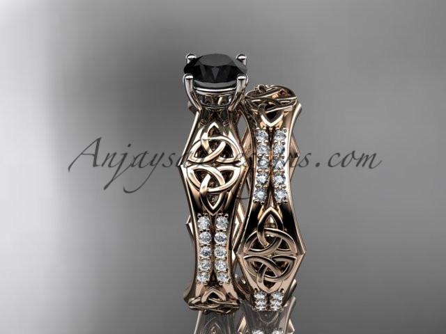 14kt rose gold diamond celtic trinity ring, triquetra ring, engagement set with a Black Diamond center stone CT7353S - AnjaysDesigns