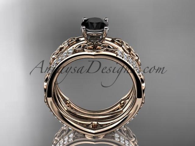 14kt rose gold diamond celtic trinity ring, triquetra ring, engagement set with a Black Diamond center stone CT7353S - AnjaysDesigns